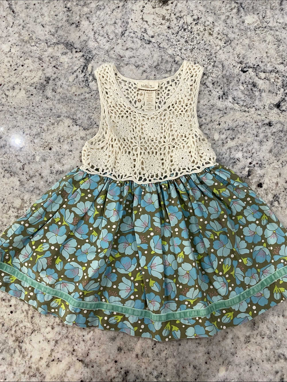 Matilda Jane Olive & Turquoise Floral Dress with Cream Crochet Bib - Picture 5 of 7